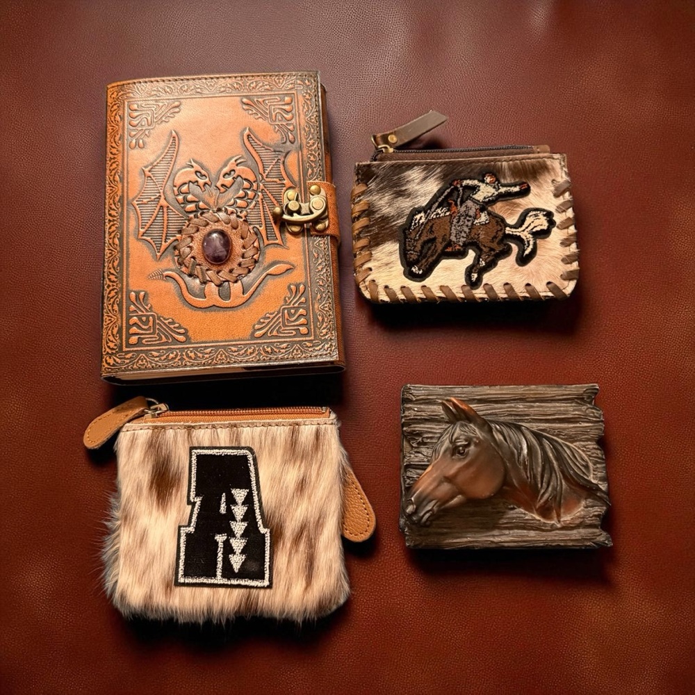 Leather and Fur, two small zipper pouch’s with Horse trinket box leather wallet